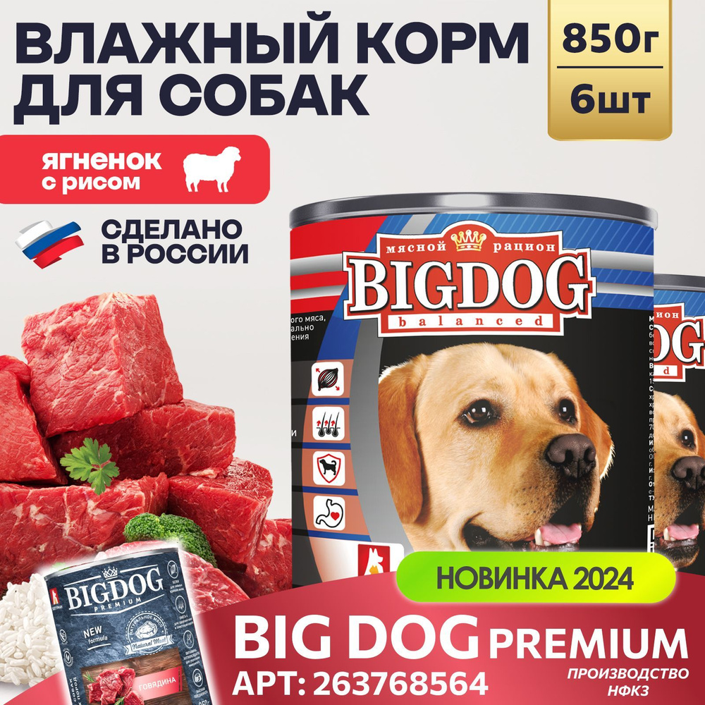 Корм влажный для собак консервированный Зоогурман ПРЕМИУМ Big Dog Ягненок с рисом, 850 г х 6 шт  #1