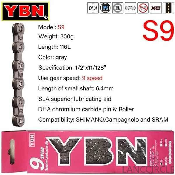 Велосипедная цепь YBN S9, 1/2 "x11/128", 116 звеньев, 9 скоростей, замок цепи LANCCIRCLE  #1