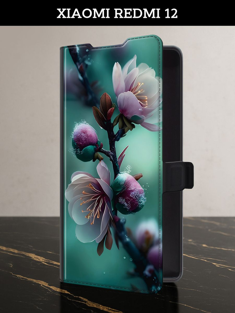 Чехол-книжка на Xiaomi Redmi 12 (Редми 12) с картой с цветочками #1