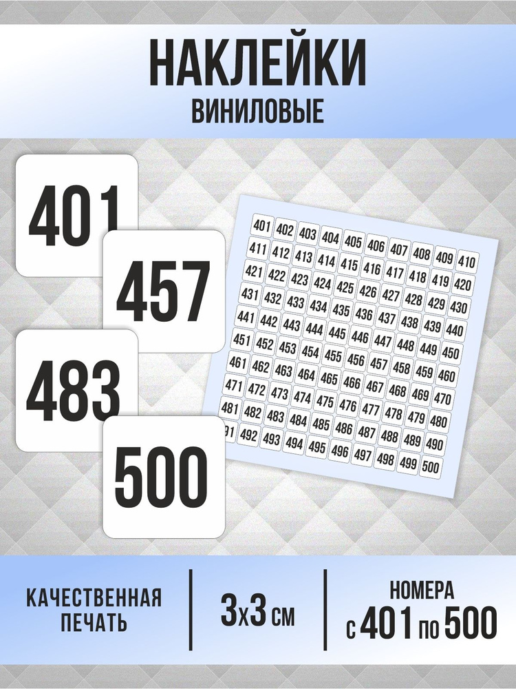 Наклейки с номерами от 401 до 500 квадратные 30х30 мм, цвет белый, ПолиЦентр #1