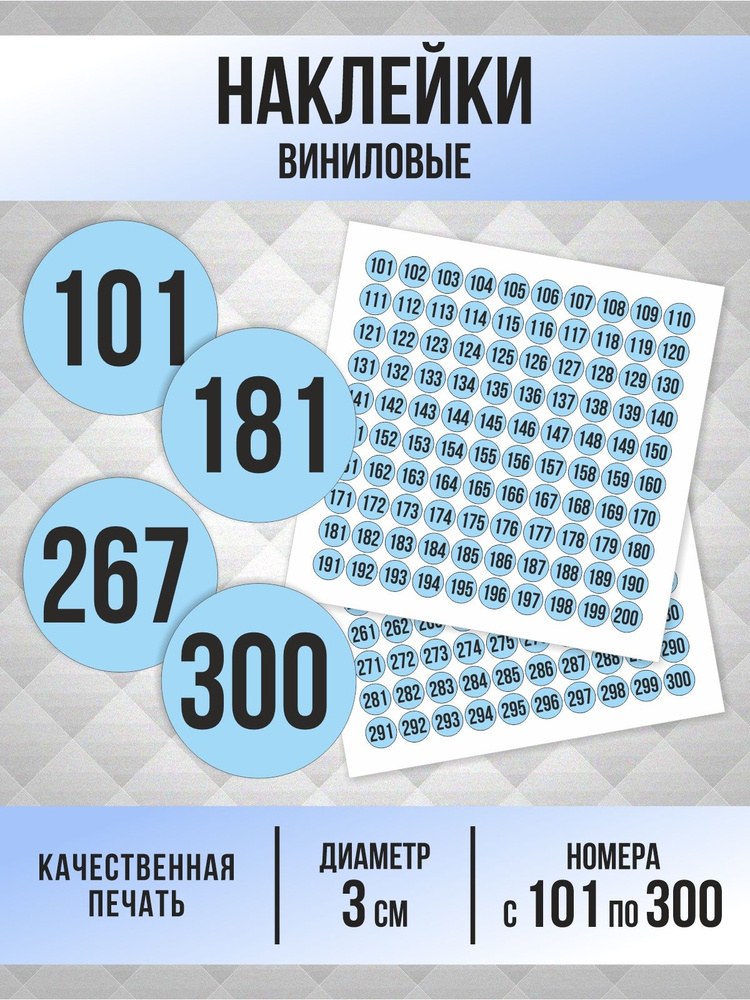 Наклейки с номерами от 101 до 300 круглые 30 мм, цвет голубой, ПолиЦентр #1