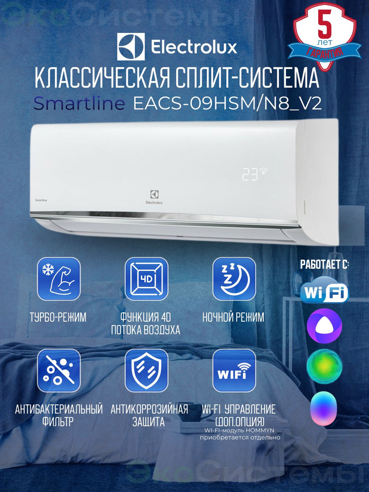 ТИХИЙ/МОЩНЫЙ/ Electrolux Smartline EACS-09HSM/N8_V2 до 27 м2. Умная Сплит-система/ Класс А/А #1