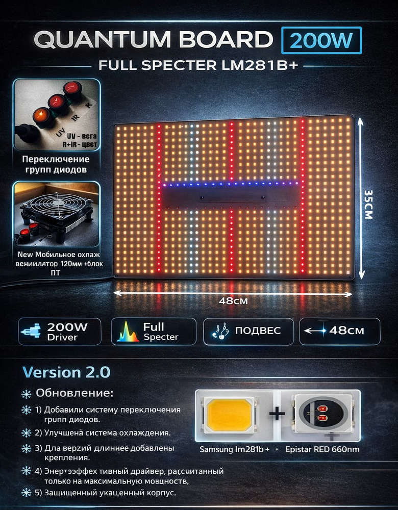 Quantum Board 200 Ватт lm281B+ / фитолампа для растений / фитосветильник в гроубокс Квантум борд #1