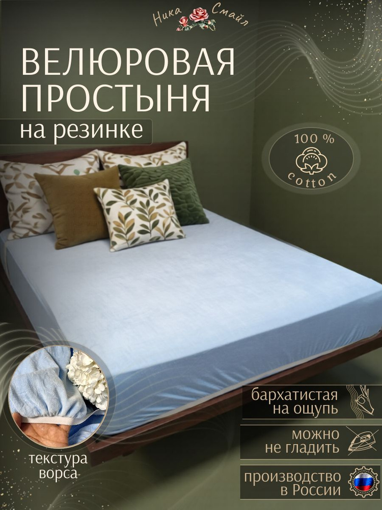 Конфетти Простыня на резинке 100х200, велюр 240г/м, голубой #1