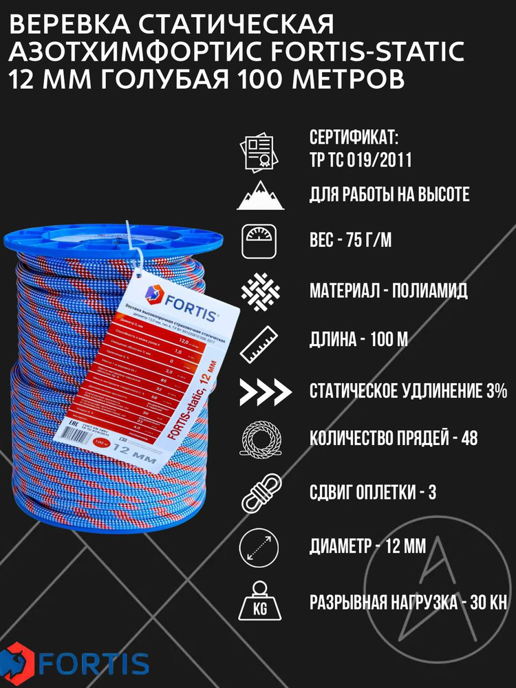 Веревка статическая Азотхимфортис FORTIS-static 12 мм голубая 100 метров #1