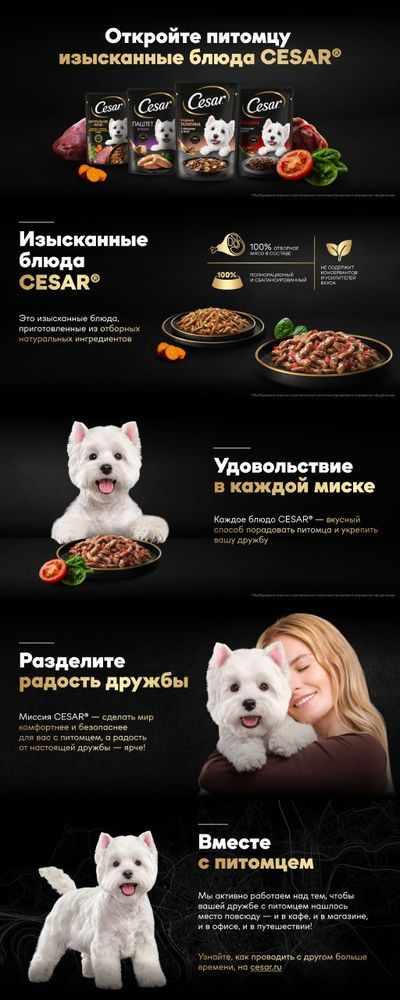 Влажные корма для собак Cesar® это вкусный способ порадовать питомца и укрепить связь с четвероногим другом. Удовольствие состоит из отборного мяса, сочных овощей, фирменной рецептуры и разнообразия текстур. Каждое блюдо Cesar® создано с любовью, чтобы разделить радость дружбы вместе с питомцем