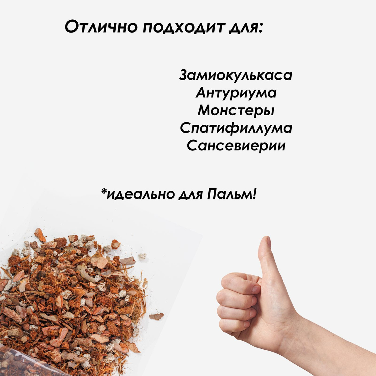 Идеально подходит для выращивания Спатифиллума, Антуриума, Замиокулькаса, Монстеры, Филодендрона, Сингониума, всех видов Пальм, Алоказии, включая Фрайдек, и многих других комнатных растений.
