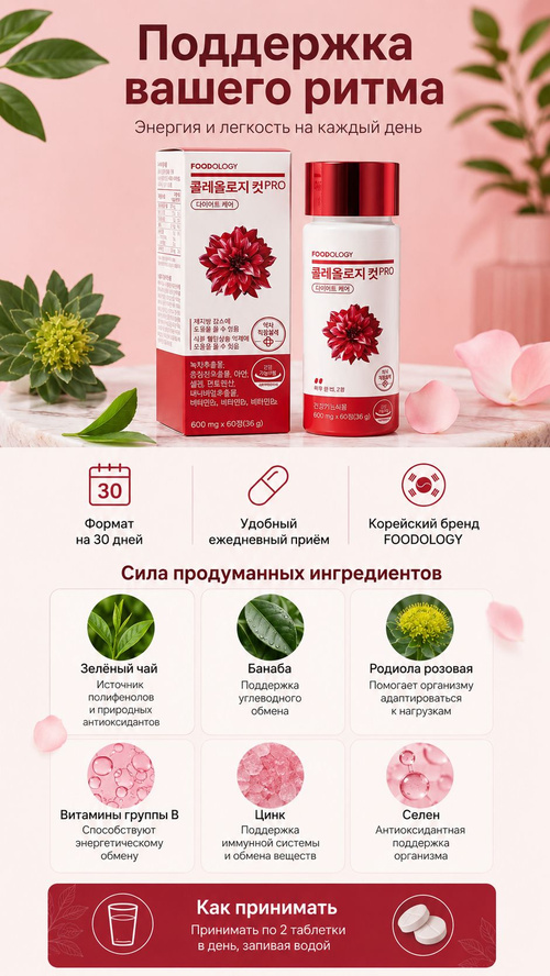 FOODOLOGY Coleology Cut PRO, зеленый чай 428 мг, банаба, родиола