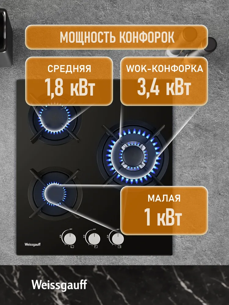 Weissgauff Газовая Варочная панель шириной 45 см, HG 451 BGH (Модификация 2026 года) с Wok-конфоркой, Чёрное закаленное стекло, Автоматический электроподжиг, Решетки из чугуна, Рукоятки Hi-Tech, черный матовый, черный, черный, фото 5