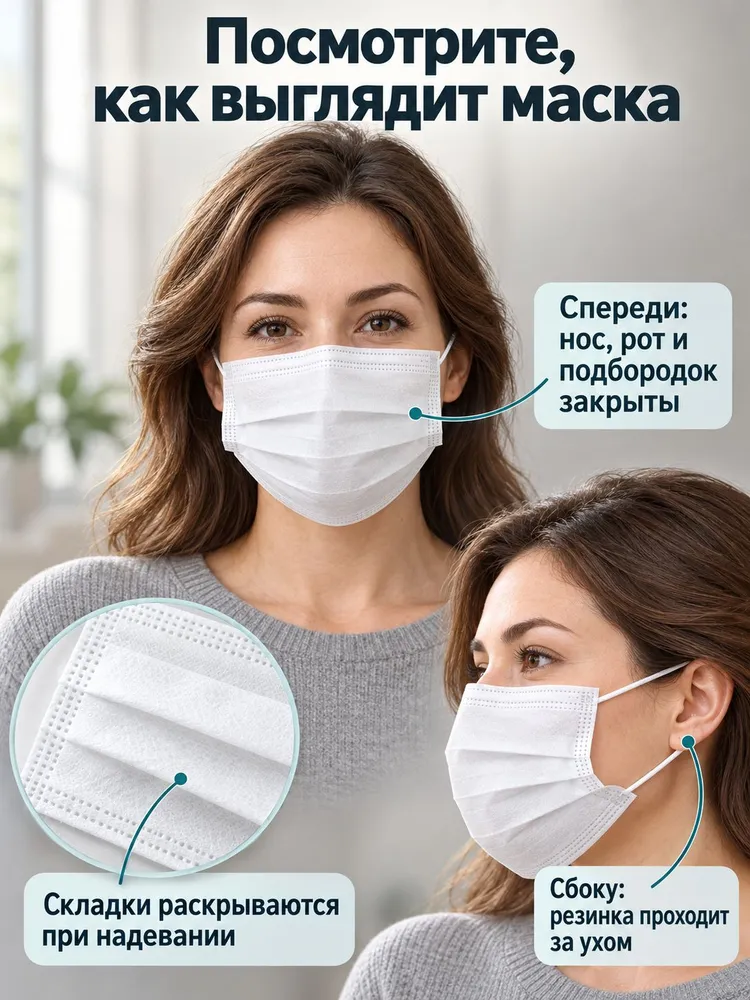 Маска-повязка на лицо Маски медицинские хирургические одноразовые, белые, 100 шт., в индивидуальной упаковке 100 шт., 100 шт, 100 шт, фото 5