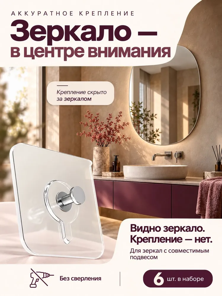 Крепление для полок в ванную комнату, самоклеящийся 6 шт., 6 шт, фото 4