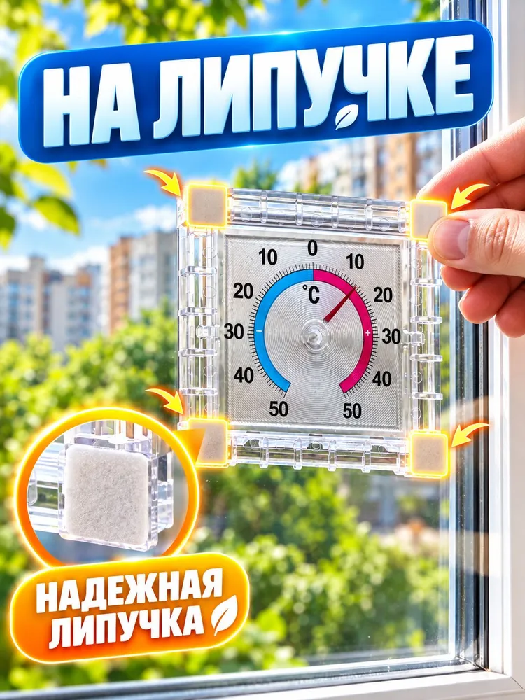 Термометр уличный оконный биметаллический на липучке, Градусник для окон и дома пластиковый без ртути квадратный, вариант, фото 4