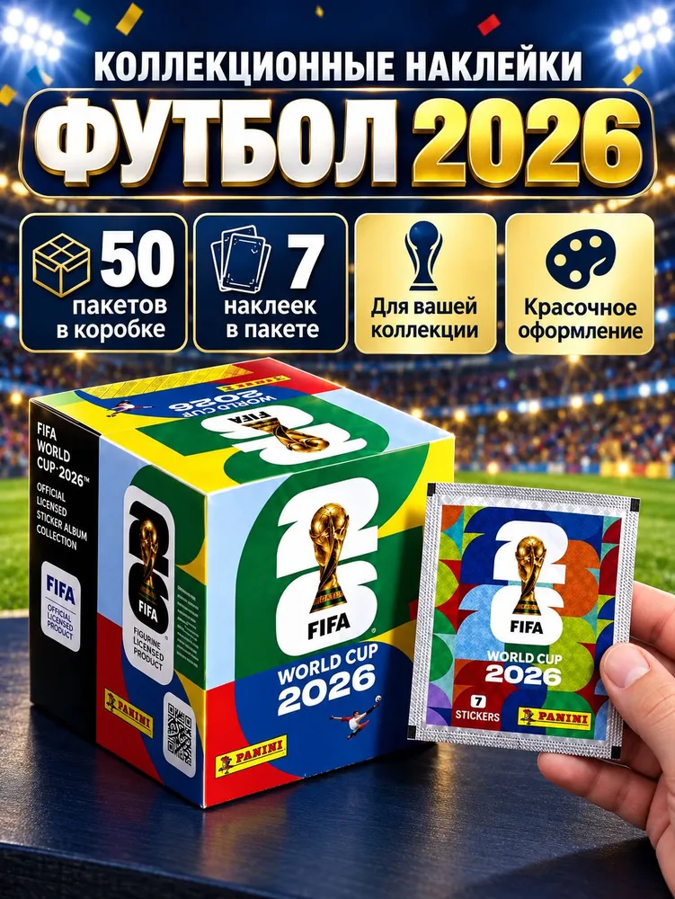 Panini 2026 FIFA World Cup Sticker Collection Box/ 50 пакетов (350 стикеров)/ футбольные коллекционеры стикеры/ Чемпионат мира 2026, вариант
