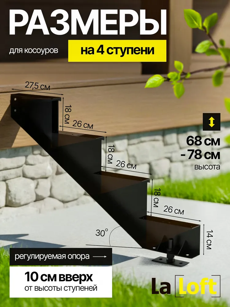 Каркасы косоур для входной лестницы "Портик" на 4 ступени для сборки лестницы любой ширины, вариант, фото 2