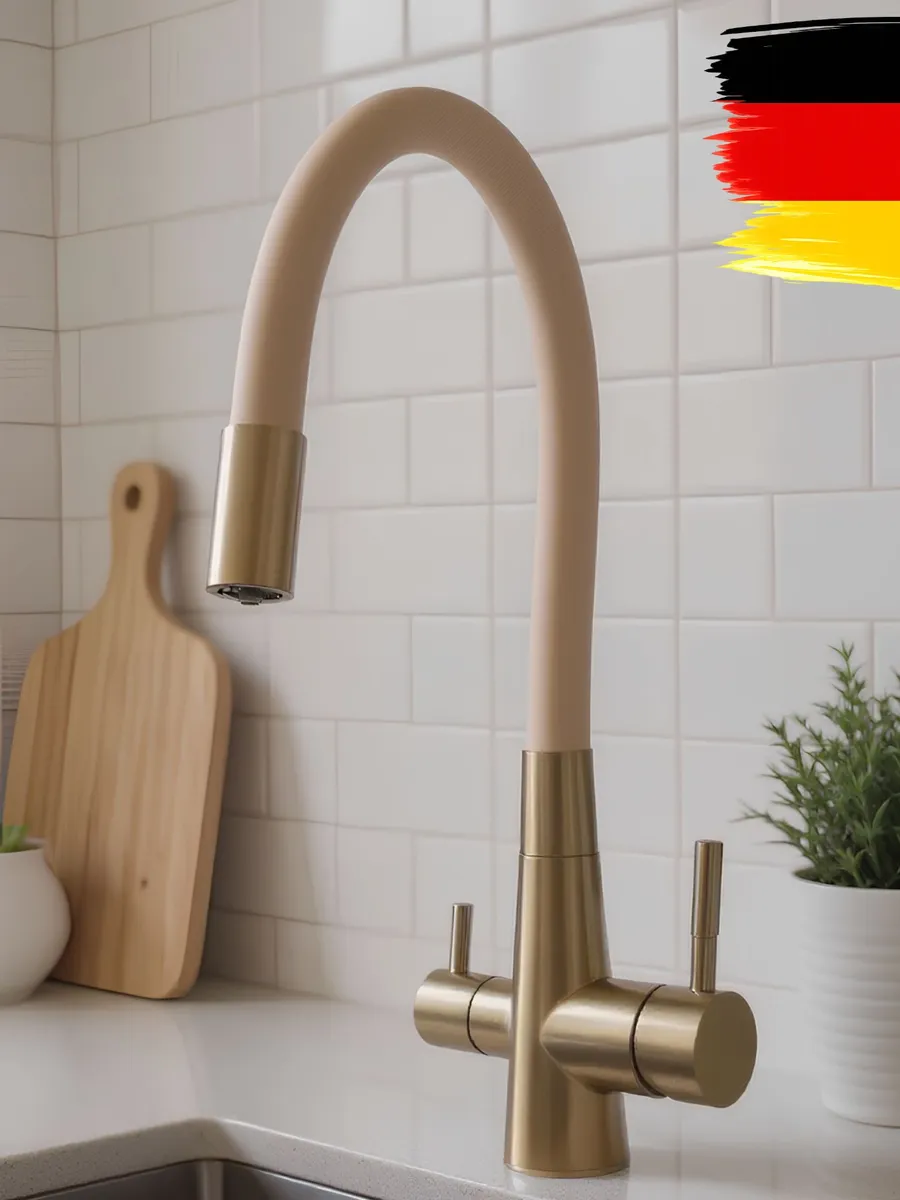 Смесительдлякухниподфильтрдляпитьевойводы/сгибкимизливом/высокий,поворотный/матовоезолото,бежевый