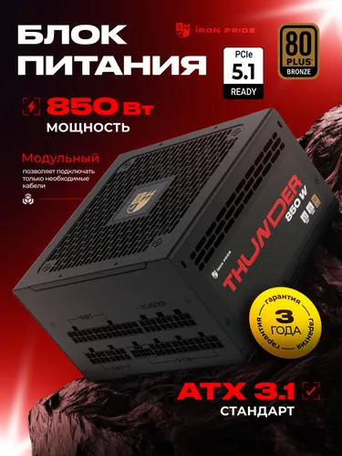 Блок питания Thunder 850W 80+Bronze ATX3.1+PCI-E 5.1(12V 2x6)+DC-DC+APFC+Модульный+3 года гарантии