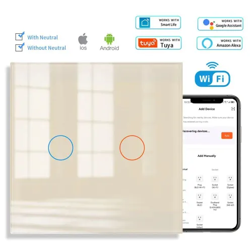 Умный сенсорный выключатель с Алисой WIFI двухклавишный Золотой
