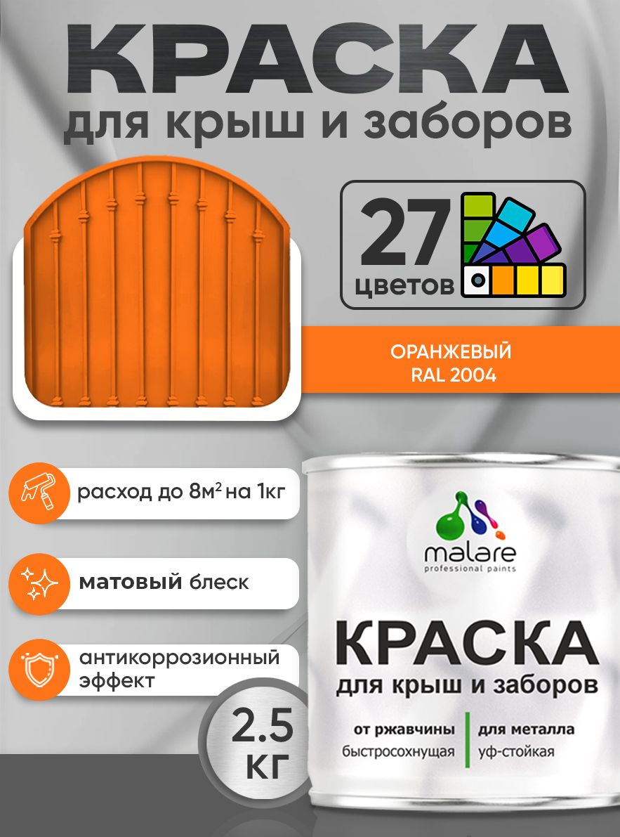 Краска по металлу Malare для крыш и заборов по ржавчине, для наружных работ, быстросохнущая износостойкая RAL 2004 оранжевый, матовая, 2,5 кг