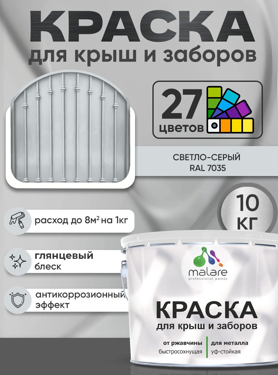 Краска по металлу Malare для крыш и заборов по ржавчине, для наружных работ, быстросохнущая износостойкая RAL 7035 светло-серый, глянцевая, 10 кг