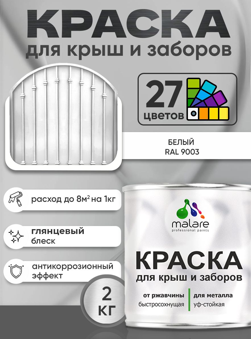 Краска по металлу Malare для крыш и заборов по ржавчине, для наружных работ, быстросохнущая износостойкая RAL 9003 белый, глянцевая, 2 кг