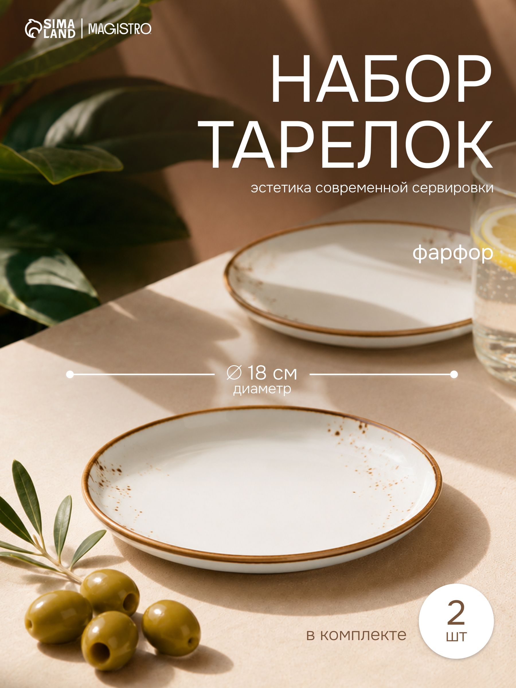 Тарелки плоские с бортиком, диаметр 18 см, набор 2 шт, десертные, "Церера", фарфоровые, белые