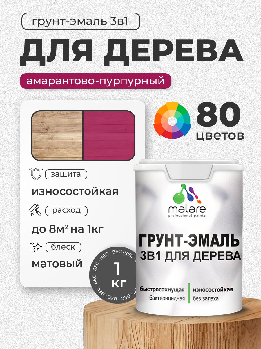 Акриловая Грунт-Эмаль 3 в 1 Malare для деревянных поверхностей с антисептическим эффектом, быстросохнущая, моющаяся без запаха матовая, амарантово-пурпурный, 1 кг