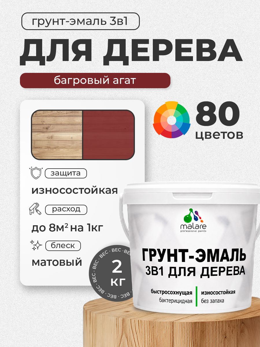 Акриловая Грунт-Эмаль 3 в 1 Malare для деревянных поверхностей с антисептическим эффектом, быстросохнущая, моющаяся без запаха матовая, багровый агат, 2 кг
