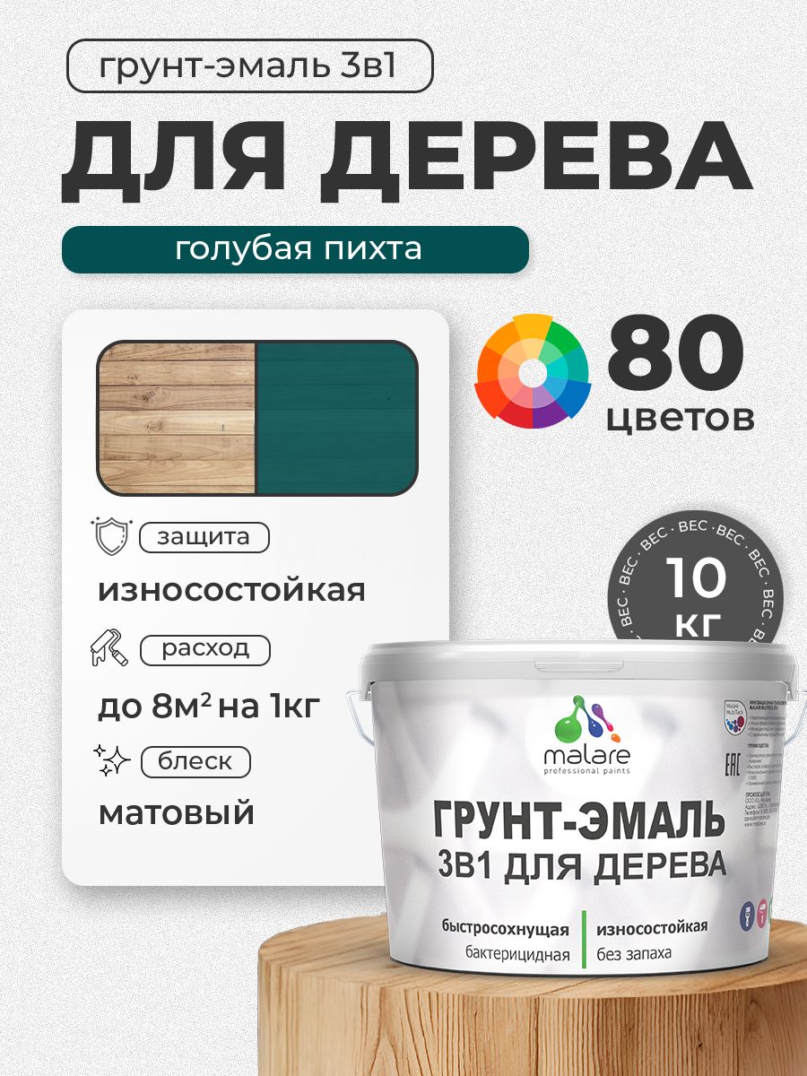 Акриловая Грунт-Эмаль 3 в 1 Malare для деревянных поверхностей с антисептическим эффектом, быстросохнущая, моющаяся без запаха матовая, голубая пихта, 10 кг