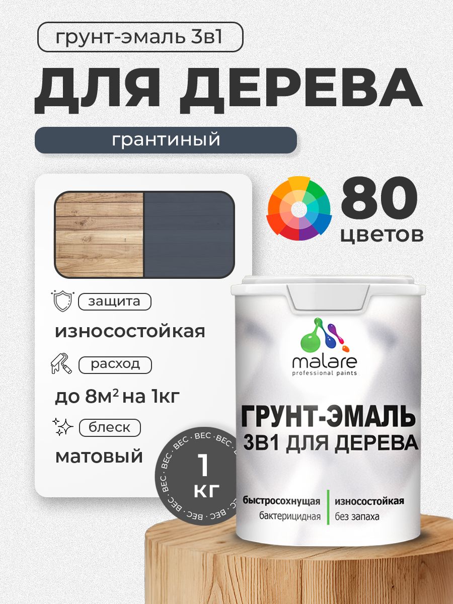 Акриловая Грунт-Эмаль 3 в 1 Malare для деревянных поверхностей с антисептическим эффектом, быстросохнущая, моющаяся без запаха, матовая, гранитный, 1 кг