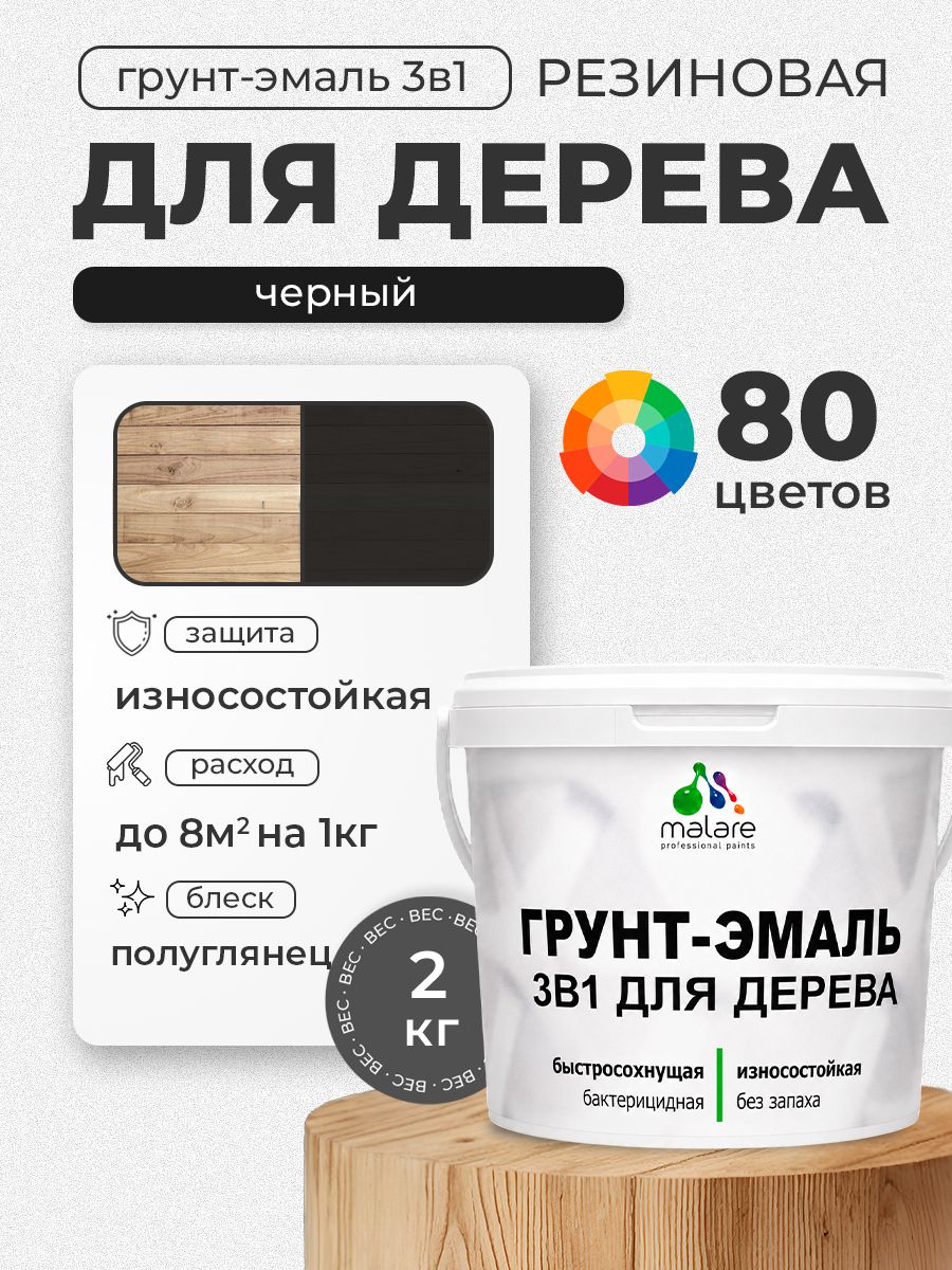 Латексная Грунт-Эмаль 3 в 1 Malare для деревянных поверхностей с антисептическим эффектом, быстросохнущая моющаяся без запаха полуглянцевая, черный, 2 кг