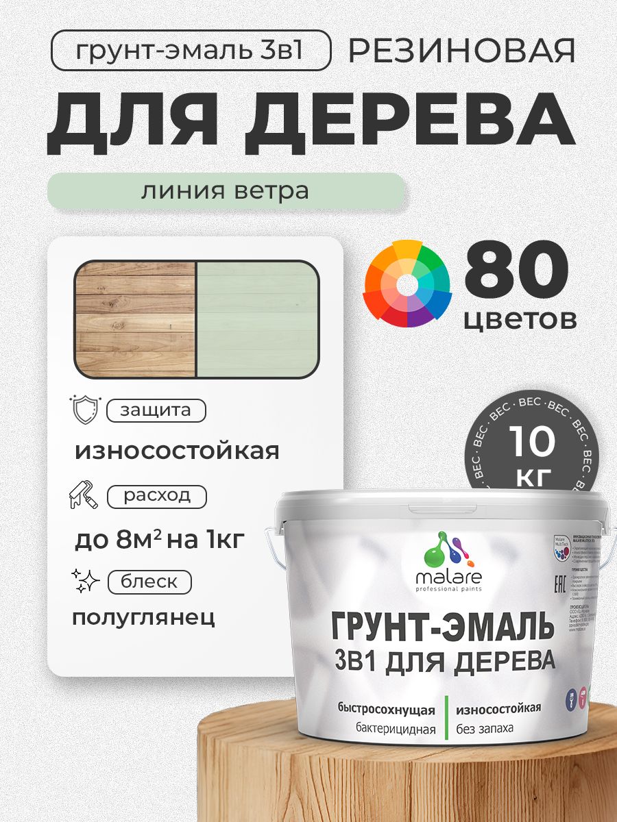 Латексная Грунт-Эмаль 3 в 1 Malare для деревянных поверхностей с антисептическим эффектом, быстросохнущая моющаяся без запаха полуглянцевая, линия ветра, 10 кг