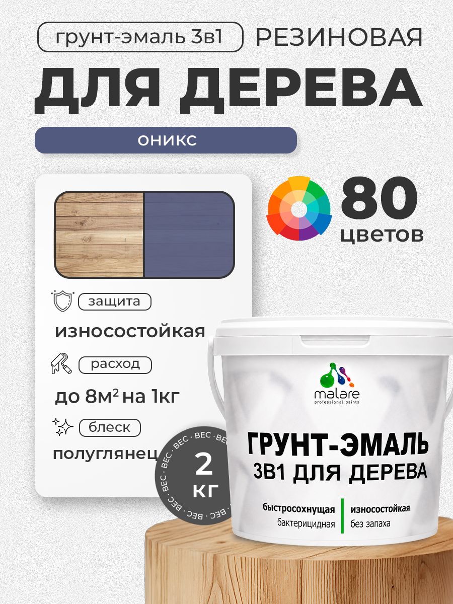 Латексная Грунт-Эмаль 3 в 1 Malare для деревянных поверхностей с антисептическим эффектом, быстросохнущая моющаяся без запаха полуглянцевая, оникс, 2 кг