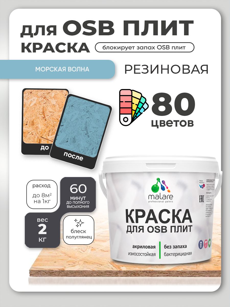 Резиновая краска для ОСБ плит Malare акриловая краска для дерева для наружных и внутренних работ, быстросохнущая без запаха полуглянцевая, морская волна, 2 кг