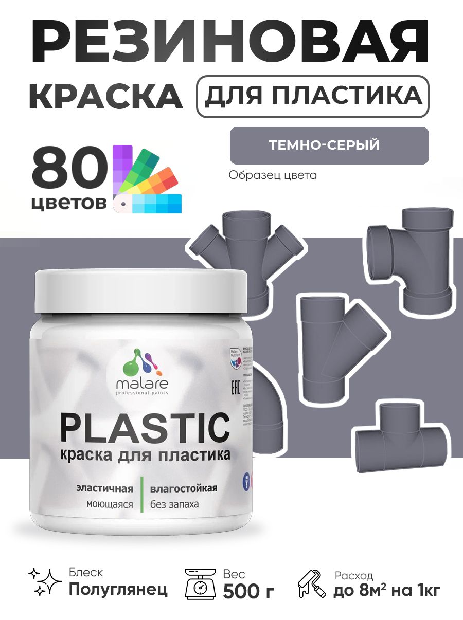 Резиновая краска для пластика Malare Plastic для пенопласта ПВХ сайдинга, для подоконников и откосов, быстросохнущая без запаха, полуглянцевая, темно-серый, 0.5 кг