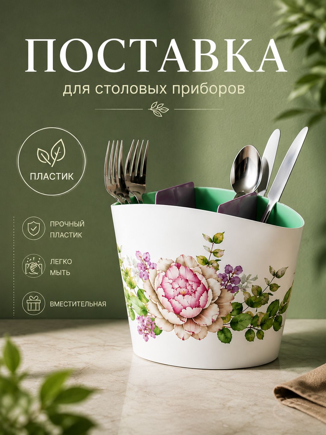 Подставка для столовых приборов, размер 21х11х15,5 см, настольная, пластиковая