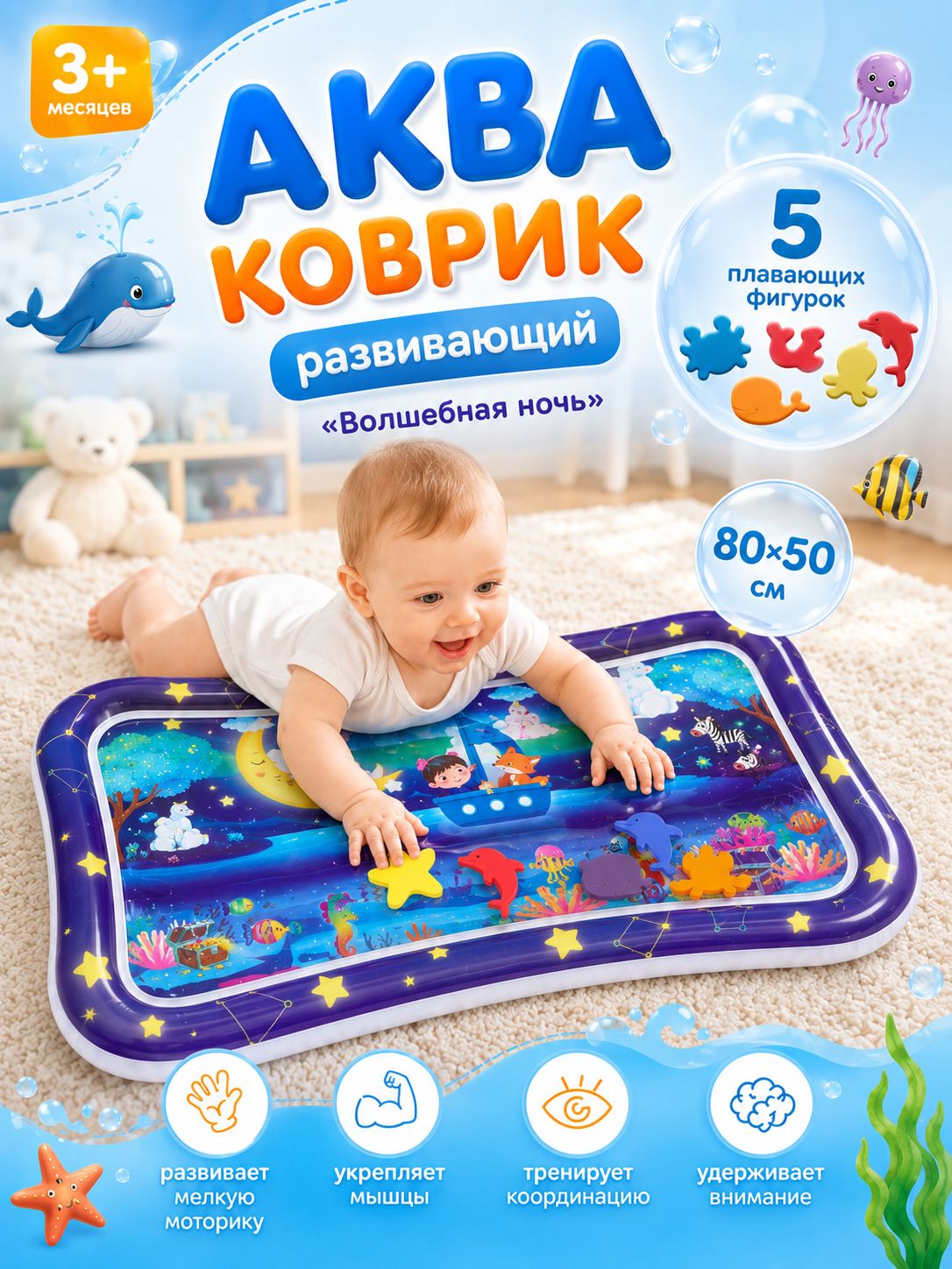 Детский развивающий водный коврик Крошка Я / "Волшебная ночь" / надувной