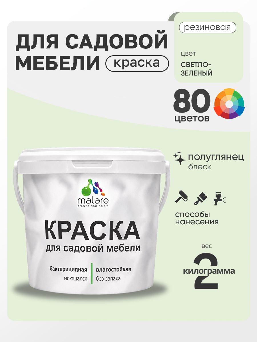 Резиновая краска Malare для садовой мебели/ по дереву, для наружных и внутренних работ/ быстросохнущая моющаяся без запаха полуглянцевая, светло-зеленый, 2 кг