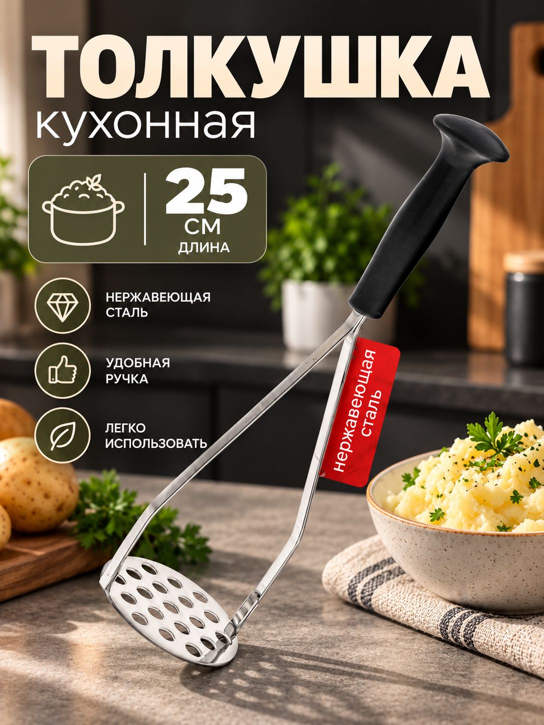 Толкушка для картофеля нержавейка, пластик, длина 25 см, пресс для картофеля