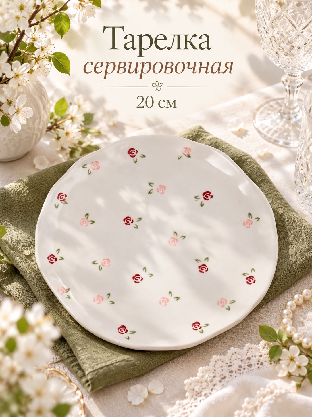 Тарелка сервировочная 20 см "Уютный дом. Розы", керамическая