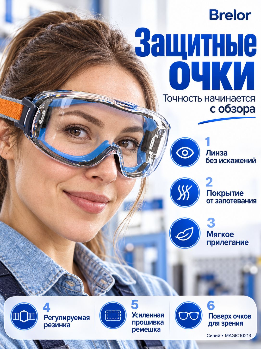 Очки защитные строительные прозрачные (синий уплотнитель)