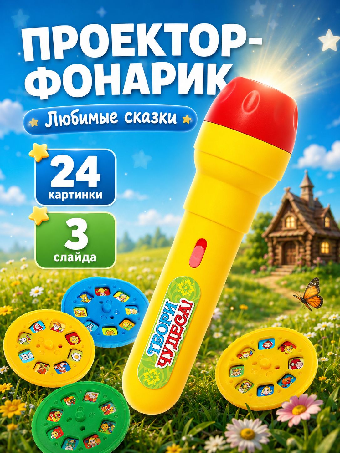 Фонарик проектор детский "Любимые сказки" / Диапроектор детский / Игрушки развивающие от 1 года