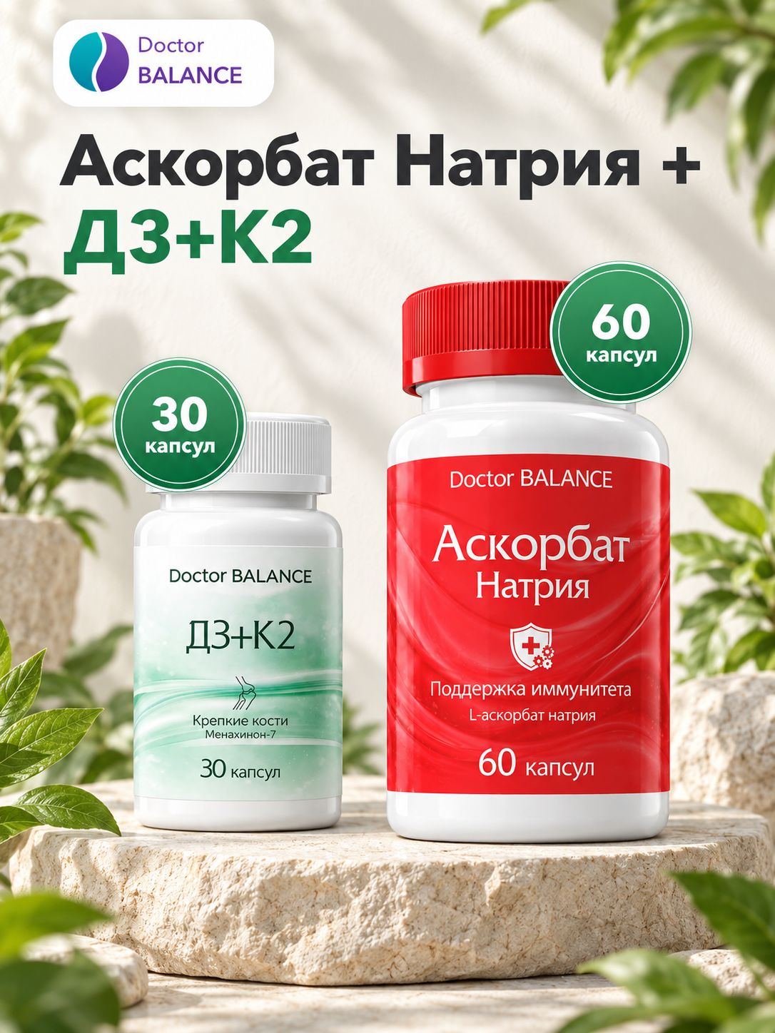 Набор Doctor Balance: Аскорбат натрия 60 + Витамины D3 + K2 30