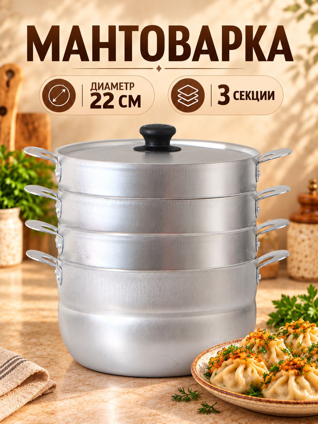 Мантоварка с 3 сетками,, объем 6 л, диаметр 22 см, высота секции 5 см, с крышкой