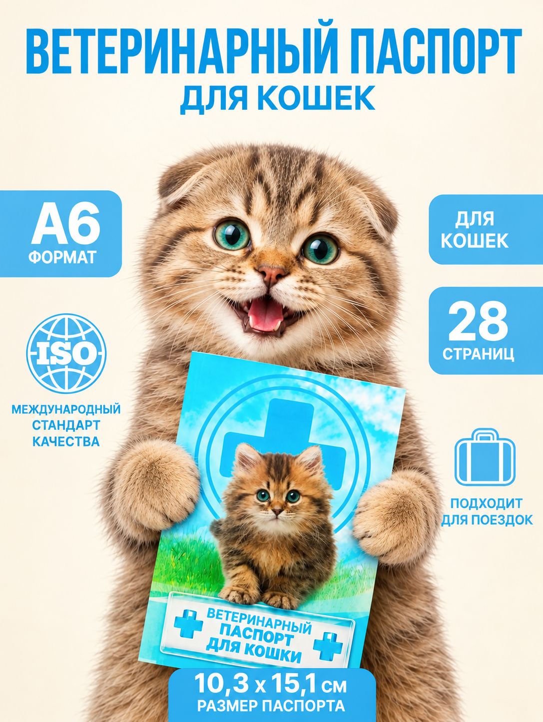 Ветеринарный паспорт для кошек, международный, 10.3x15.1 см, 28 страниц