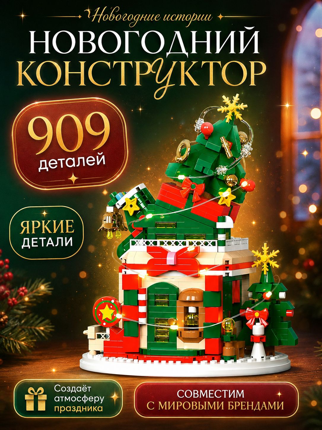 Конструктор ночник на Новый год Новогодняя Ёлочка , с подсветкой, 3д мини конструктор на Новый год