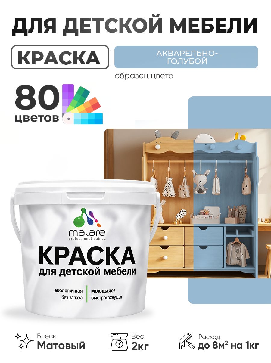 Акриловая краска Malare для детской мебели, мебели из дерева, моющаяся, быстросохнущая без запаха матовая, акварельно-голубой, 2 кг.