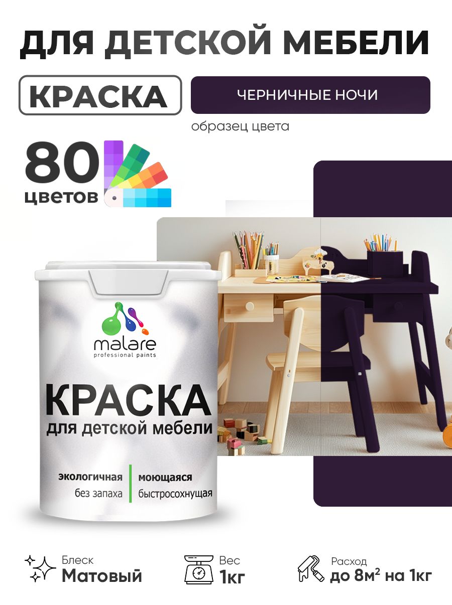 Акриловая краска Malare для детской мебели, мебели из дерева, моющаяся, быстросохнущая без запаха матовая, черничные ночи, 1 кг