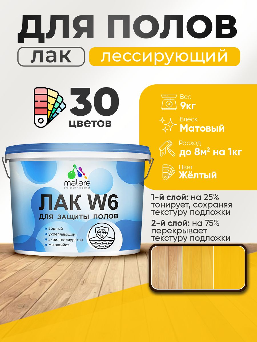 Лак колерованный тонирующий для защиты пола Malare W6 для паркета и ламината, для дерева и минеральных поверхностей, водный без запаха быстросохнущий, матовый, желтый, 9 кг.