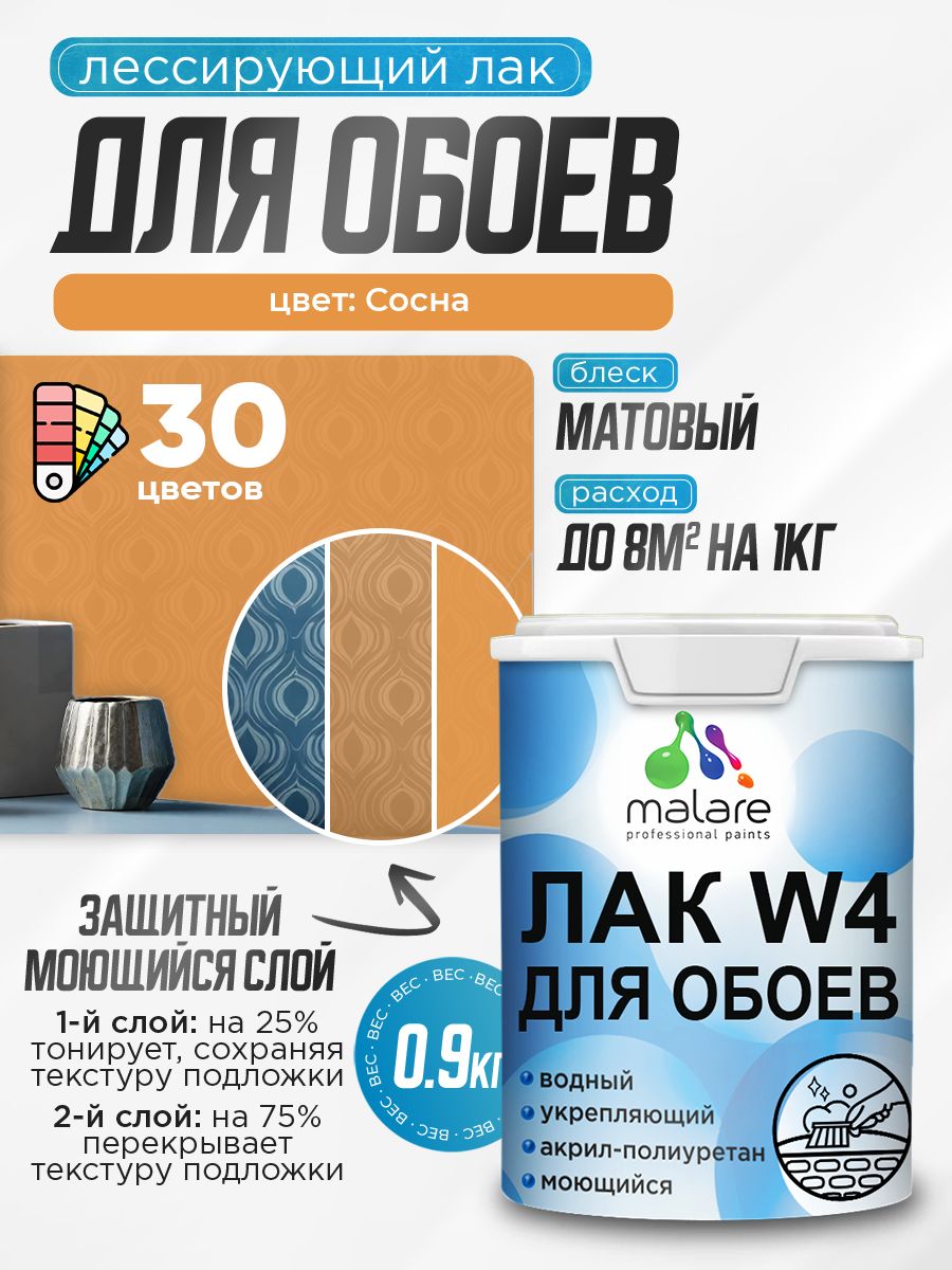 Лак колерованный тонирующий для защиты обоев Malare W4 универсальный для дерева и минеральных поверхностей, водный без запаха быстросохнущий, матовый, сосна, 0.9 кг.