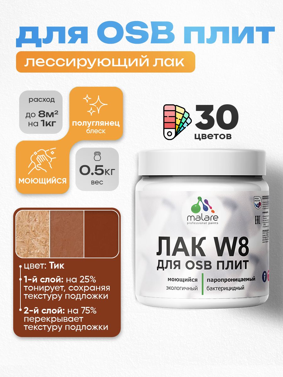 Лак колерованный тонирующий для защиты ОСБ плит Malare W8 для дерева и минеральных поверхностей, паропроницаемый водный без запаха, полуглянцевый, тик, 0.5 кг.